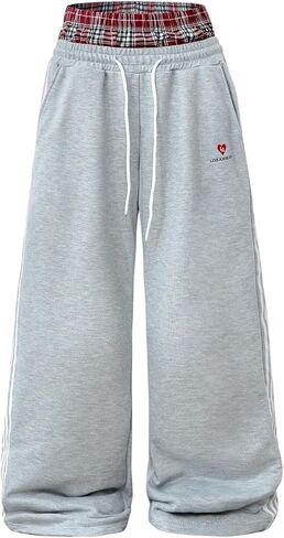 Men's Plaid Drawstring Waist Sweatpants Wide Leg Side Stripes Embroidered Baggy Pants in Saudi Arabia