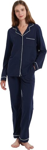 amaxer Women's 100% Cotton Classic Pajamas Set Soft Warm Long Sleeves For Men Pockets Button Pjs Elastic High Waist in Kuwait