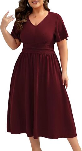 Women's Plus Size Summer V Neck Long Dresses Short Sleeve A Line Ruffle High Waist Flowy Casual Dress in Kuwait