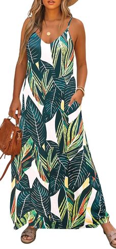 Bluetime Women Summer Spaghetti Strap Maxi Dress V-Neck Sleeveless Flowy Boho Floral Beach Long Dress with Pockets in Kuwait
