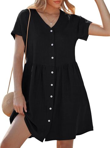 GRAPENT Linen Dresses for Women Casual Summer Babydoll Button Down Short Sleeve V Neck Above Knee Dress with Pockets in Saudi Arabia