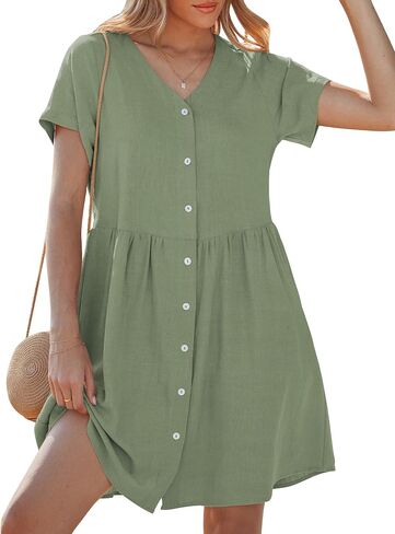 GRAPENT Linen Dresses for Women Casual Summer Babydoll Button Down Short Sleeve V Neck Above Knee Dress with Pockets in Saudi Arabia
