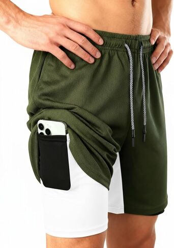 Men's 2 in 1 Workout Running Shorts with Zipper Pockets Lightweight Training Yoga Gym Short Green+White L in Saudi Arabia