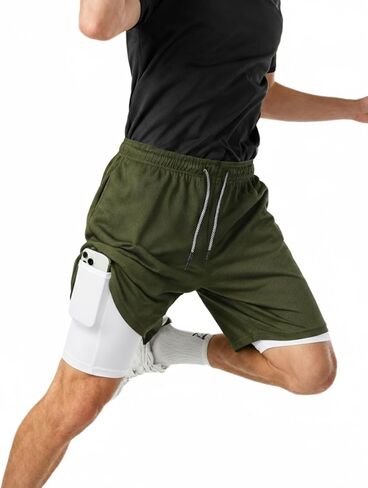 Men's 2 in 1 Workout Running Shorts with Zipper Pockets Lightweight Training Yoga Gym Short Green+White L in Saudi Arabia