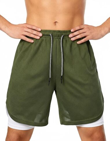 Men's 2 in 1 Workout Running Shorts with Zipper Pockets Lightweight Training Yoga Gym Short Green+White L in Saudi Arabia