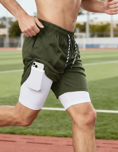 Men's 2 in 1 Workout Running Shorts with Zipper Pockets Lightweight Training Yoga Gym Short Green+White L in Saudi Arabia