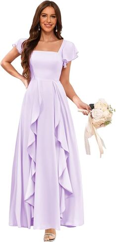 Clothfun Women's Short Sleeve Bridesmaid Dresses with Pockets Long Slit A-Line Pleated Chiffon Formal Evening Gowns CYN023 in Kuwait