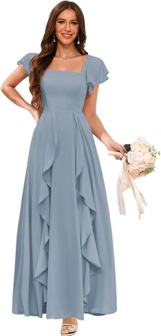 Clothfun Women's Short Sleeve Bridesmaid Dresses with Pockets Long Slit A-Line Pleated Chiffon Formal Evening Gowns CYN023 in Saudi Arabia