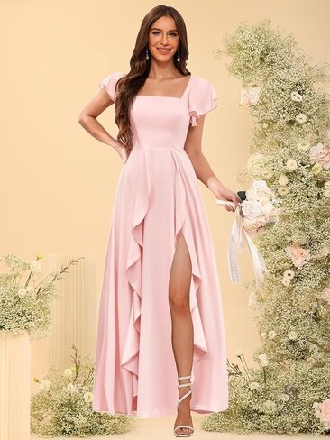 Clothfun Women's Short Sleeve Bridesmaid Dresses with Pockets Long Slit A-Line Pleated Chiffon Formal Evening Gowns CYN023 in Saudi Arabia