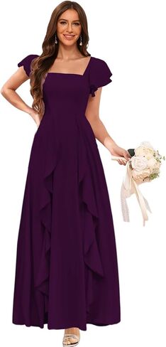 Clothfun Women's Short Sleeve Bridesmaid Dresses with Pockets Long Slit A-Line Pleated Chiffon Formal Evening Gowns CYN023 in Saudi Arabia