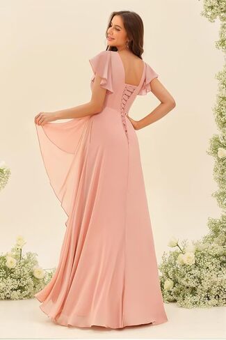 Clothfun Women's Short Sleeve Bridesmaid Dresses with Pockets Long Slit A-Line Pleated Chiffon Formal Evening Gowns CYN023 in Saudi Arabia