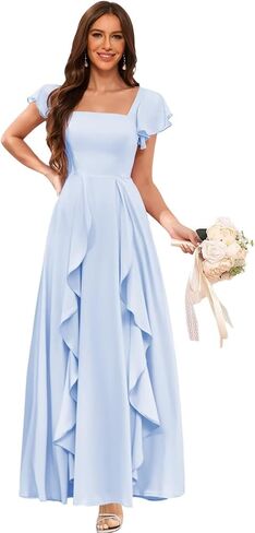 Clothfun Women's Short Sleeve Bridesmaid Dresses with Pockets Long Slit A-Line Pleated Chiffon Formal Evening Gowns CYN023 in Saudi Arabia