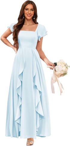 Clothfun Women's Short Sleeve Bridesmaid Dresses with Pockets Long Slit A-Line Pleated Chiffon Formal Evening Gowns CYN023 in Saudi Arabia