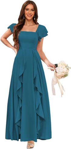 Clothfun Women's Short Sleeve Bridesmaid Dresses with Pockets Long Slit A-Line Pleated Chiffon Formal Evening Gowns CYN023 in Saudi Arabia