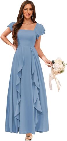 Clothfun Women's Short Sleeve Bridesmaid Dresses with Pockets Long Slit A-Line Pleated Chiffon Formal Evening Gowns CYN023 in Saudi Arabia