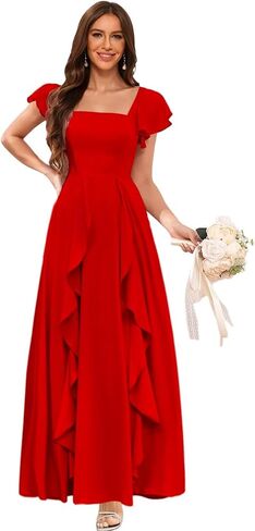 Clothfun Women's Short Sleeve Bridesmaid Dresses with Pockets Long Slit A-Line Pleated Chiffon Formal Evening Gowns CYN023 in Saudi Arabia