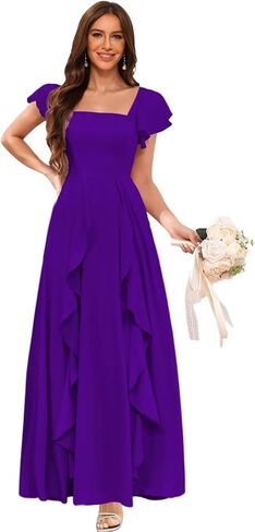 Clothfun Women's Short Sleeve Bridesmaid Dresses with Pockets Long Slit A-Line Pleated Chiffon Formal Evening Gowns CYN023 in Saudi Arabia