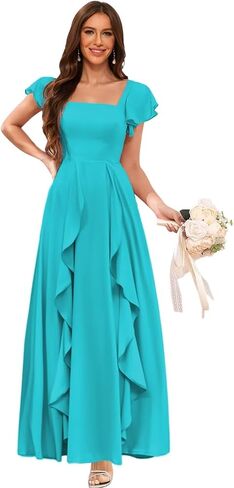 Clothfun Women's Short Sleeve Bridesmaid Dresses with Pockets Long Slit A-Line Pleated Chiffon Formal Evening Gowns CYN023 in Saudi Arabia