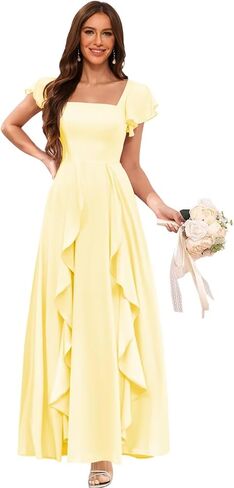 Clothfun Women's Short Sleeve Bridesmaid Dresses with Pockets Long Slit A-Line Pleated Chiffon Formal Evening Gowns CYN023 in Saudi Arabia
