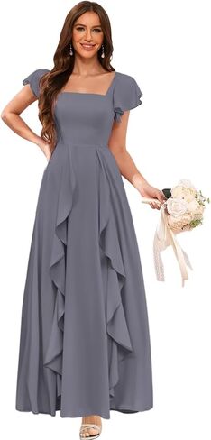 Clothfun Women's Short Sleeve Bridesmaid Dresses with Pockets Long Slit A-Line Pleated Chiffon Formal Evening Gowns CYN023 in Saudi Arabia
