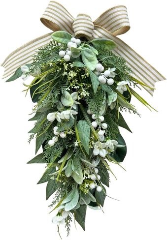 Lighted Artificial Spring Summer Teardrop Swag 25 Inch Eucalyptus and Magnolia Wreath with White Berries, Gypsophila & Farmhouse Striped Bow Floral Arrangement for Door Wall Mantel Window in Kuwait