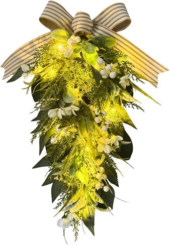 Lighted Artificial Spring Summer Teardrop Swag 25 Inch Eucalyptus and Magnolia Wreath with White Berries, Gypsophila & Farmhouse Striped Bow Floral Arrangement for Door Wall Mantel Window in Kuwait
