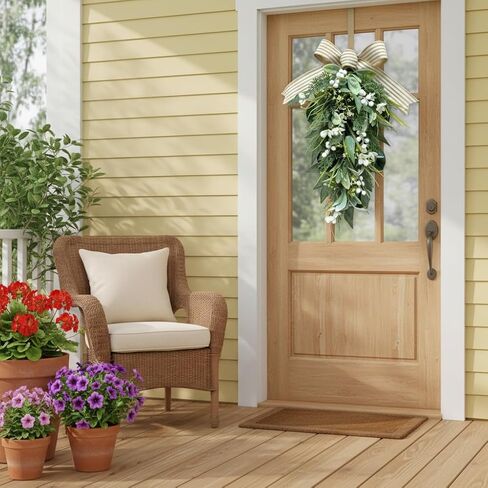 Lighted Artificial Spring Summer Teardrop Swag 25 Inch Eucalyptus and Magnolia Wreath with White Berries, Gypsophila & Farmhouse Striped Bow Floral Arrangement for Door Wall Mantel Window in Kuwait