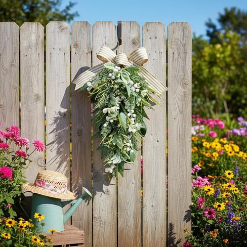 Lighted Artificial Spring Summer Teardrop Swag 25 Inch Eucalyptus and Magnolia Wreath with White Berries, Gypsophila & Farmhouse Striped Bow Floral Arrangement for Door Wall Mantel Window in Kuwait