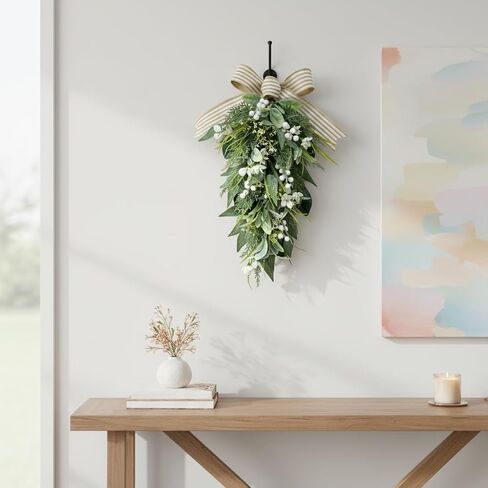 Lighted Artificial Spring Summer Teardrop Swag 25 Inch Eucalyptus and Magnolia Wreath with White Berries, Gypsophila & Farmhouse Striped Bow Floral Arrangement for Door Wall Mantel Window in Kuwait