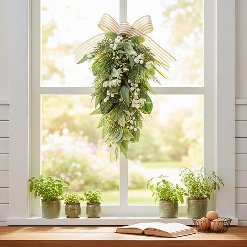 Lighted Artificial Spring Summer Teardrop Swag 25 Inch Eucalyptus and Magnolia Wreath with White Berries, Gypsophila & Farmhouse Striped Bow Floral Arrangement for Door Wall Mantel Window in Kuwait
