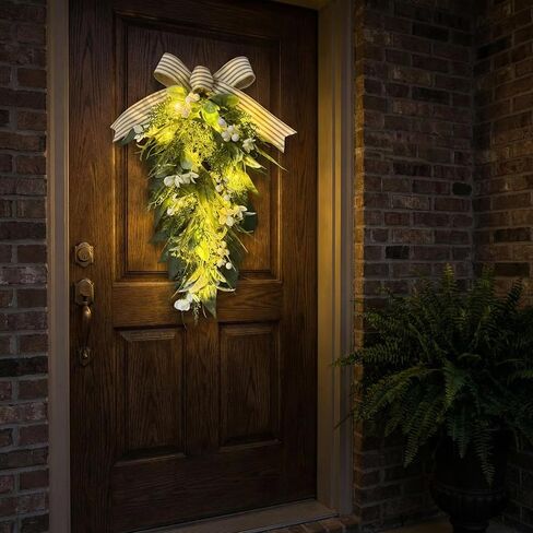 Lighted Artificial Spring Summer Teardrop Swag 25 Inch Eucalyptus and Magnolia Wreath with White Berries, Gypsophila & Farmhouse Striped Bow Floral Arrangement for Door Wall Mantel Window in Kuwait