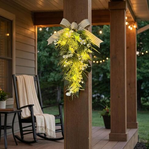 Lighted Artificial Spring Summer Teardrop Swag 25 Inch Eucalyptus and Magnolia Wreath with White Berries, Gypsophila & Farmhouse Striped Bow Floral Arrangement for Door Wall Mantel Window in Kuwait