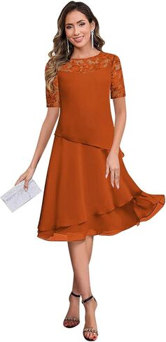 GUKARLEED Ruffles Short Mother of The Bride Dresses with Sleeves Knee Length A-line Embroidery Appliques Layered Formal Dress in Kuwait