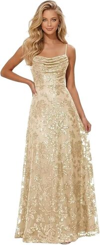 Sparkly Sequin Prom Dress for Women Long Cowl Neck Pleated A-Line Formal Evening Ball Gown in Kuwait