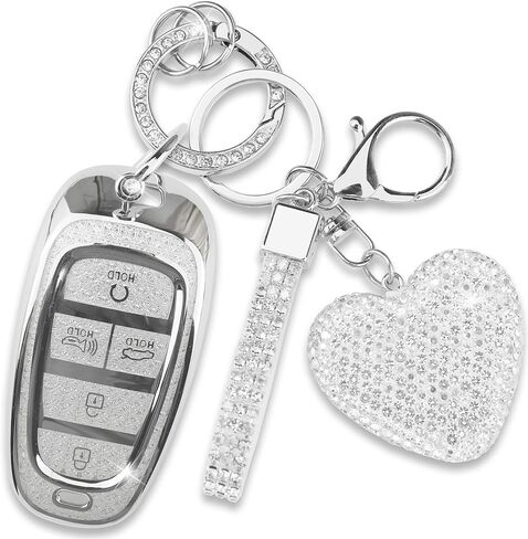 Fit for Hyundai Key Fob Cover with Diamond Keychain, Compatible with Hyundai 2020-2023 Sonata Santa fe Tucson Smart Key Protector for Women (5 Buttons, Silver) in Saudi Arabia
