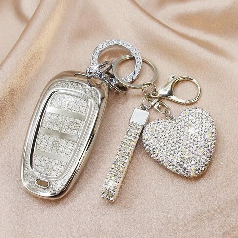 Fit for Hyundai Key Fob Cover with Diamond Keychain, Compatible with Hyundai 2020-2023 Sonata Santa fe Tucson Smart Key Protector for Women (5 Buttons, Silver) in Saudi Arabia