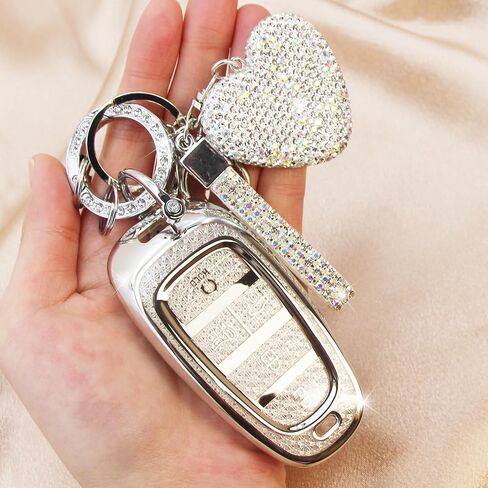 Fit for Hyundai Key Fob Cover with Diamond Keychain, Compatible with Hyundai 2020-2023 Sonata Santa fe Tucson Smart Key Protector for Women (5 Buttons, Silver) in Saudi Arabia