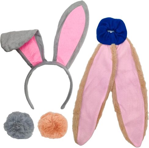 Set 4 Bunny Costume Set Bunny Ears Headband Hairtie Set Floppy Bunny Ears with Tail Plush Rabbit Hairband Hair Tie for Couple Women and Men Halloween Cosplay Party Dress-Up in Saudi Arabia