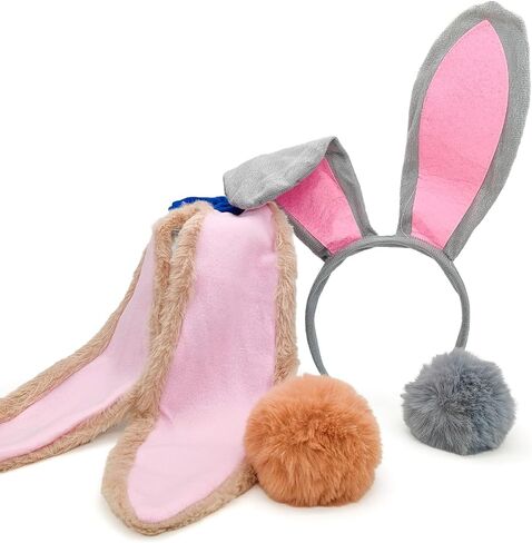 Set 4 Bunny Costume Set Bunny Ears Headband Hairtie Set Floppy Bunny Ears with Tail Plush Rabbit Hairband Hair Tie for Couple Women and Men Halloween Cosplay Party Dress-Up in Saudi Arabia