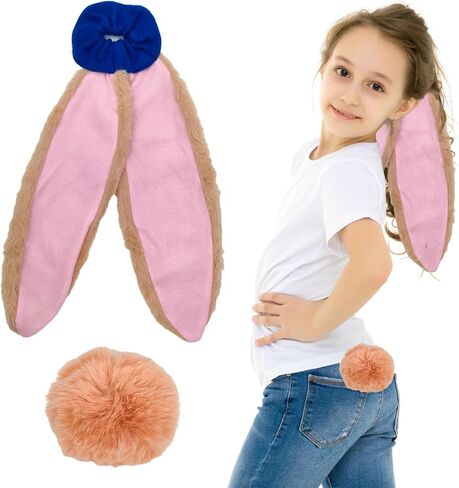 Set 4 Bunny Costume Set Bunny Ears Headband Hairtie Set Floppy Bunny Ears with Tail Plush Rabbit Hairband Hair Tie for Couple Women and Men Halloween Cosplay Party Dress-Up in Saudi Arabia