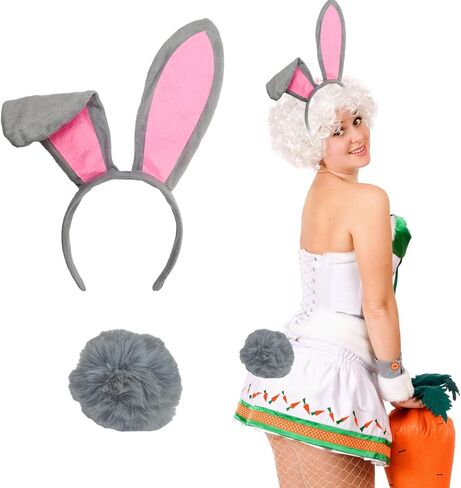 Set 4 Bunny Costume Set Bunny Ears Headband Hairtie Set Floppy Bunny Ears with Tail Plush Rabbit Hairband Hair Tie for Couple Women and Men Halloween Cosplay Party Dress-Up in Saudi Arabia