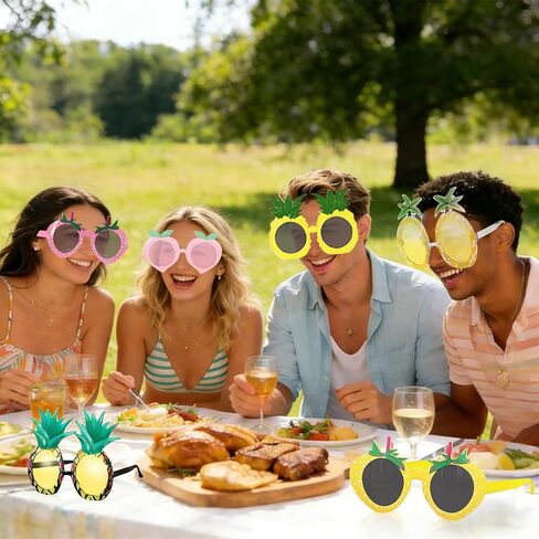 12 زوجًا من نظارات الفاكهة نظارات الأناناس الاستوائية مع 12 نمطًا، نظارات شمسية من هاواي على شكل فواكه مضحكة، إكسسوارات شاطئ لوا لمستلزمات الحفلات الصيفية في هاواي in Kuwait