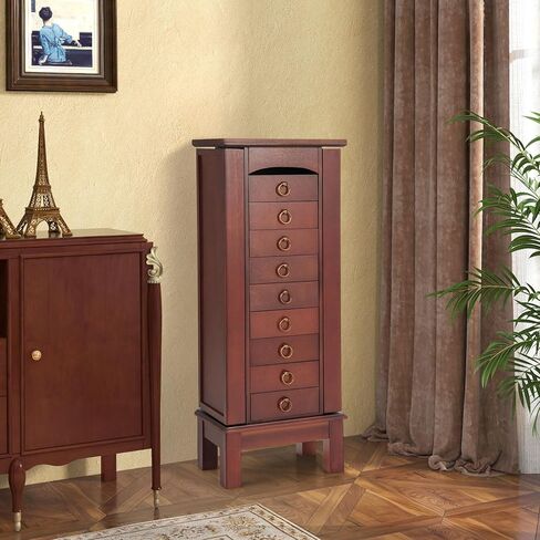 خزانة مجوهرات NAFORT مع مساحة تخزين، خزانة مجوهرات قائمة بذاتها مع 9 أدراج، صندوق مجوهرات عاكس مع بابين جانبيين، منظم مجوهرات بسعة تخزين كبيرة مع 7 خطافات للقلادة، خشب الجوز in Kuwait