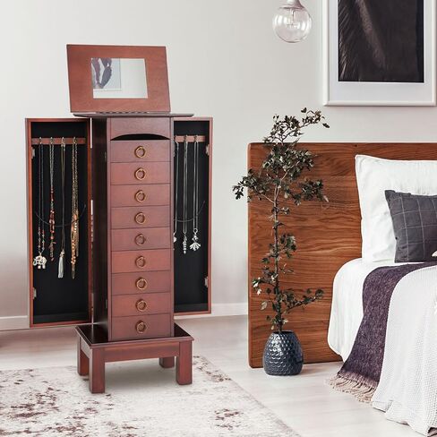 خزانة مجوهرات NAFORT مع مساحة تخزين، خزانة مجوهرات قائمة بذاتها مع 9 أدراج، صندوق مجوهرات عاكس مع بابين جانبيين، منظم مجوهرات بسعة تخزين كبيرة مع 7 خطافات للقلادة، خشب الجوز in Kuwait