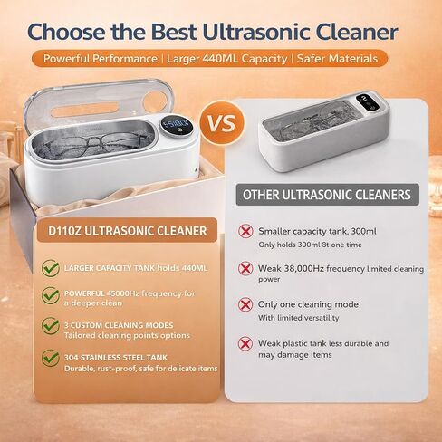 منظف ​​المجوهرات بالموجات فوق الصوتية، منظف بالموجات فوق الصوتية للتنظيف العميق 48 كيلو هرتز، سعة كبيرة 440 مل، 3 أوضاع للتحكم باللمس، خزان من الفولاذ المقاوم للصدأ للخواتم والنظارات والساعات وأطقم الأسنان in Kuwait