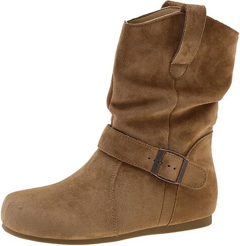 Slouchy Suede Ankle Flat Boots for Women Comfortable Round Toe with Buckle Slip On Low Calf Flat Booties Fall Winter Casual Short Boots in Saudi Arabia