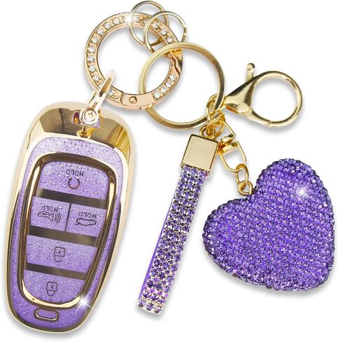 Fit for Hyundai Key Fob Cover with Diamond Keychain, Compatible with Hyundai 2020-2023 Sonata Santa fe Tucson Smart Key Protector for Women (5 Buttons, Silver) in Kuwait