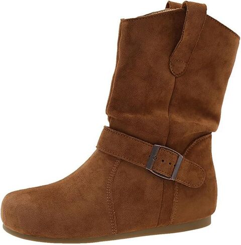 Slouchy Suede Ankle Flat Boots for Women Comfortable Round Toe with Buckle Slip On Low Calf Flat Booties Fall Winter Casual Short Boots in Saudi Arabia