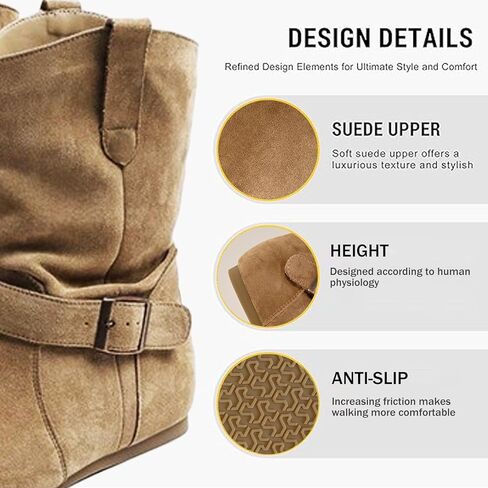Slouchy Suede Ankle Flat Boots for Women Comfortable Round Toe with Buckle Slip On Low Calf Flat Booties Fall Winter Casual Short Boots in Saudi Arabia