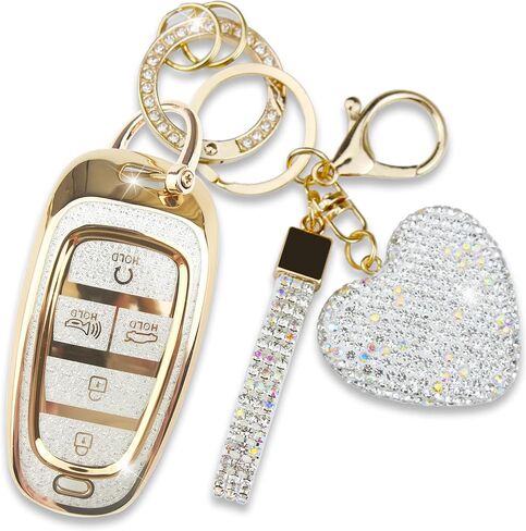 Fit for Hyundai Key Fob Cover with Diamond Keychain, Compatible with Hyundai 2020-2023 Sonata Santa fe Tucson Smart Key Protector for Women (5 Buttons, Silver) in Saudi Arabia